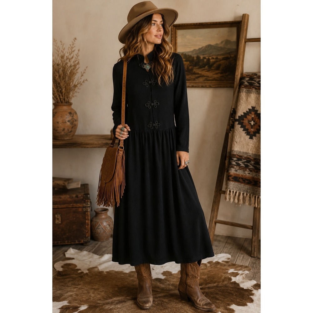 Stephanie Andrews Black Merino Wool Maxi Dress Frog Closure Velvet Collar Large